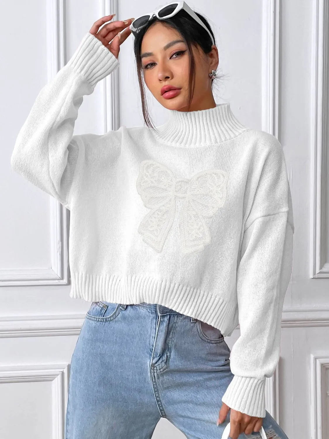 Bow Turtleneck Long Sleeve Sweater