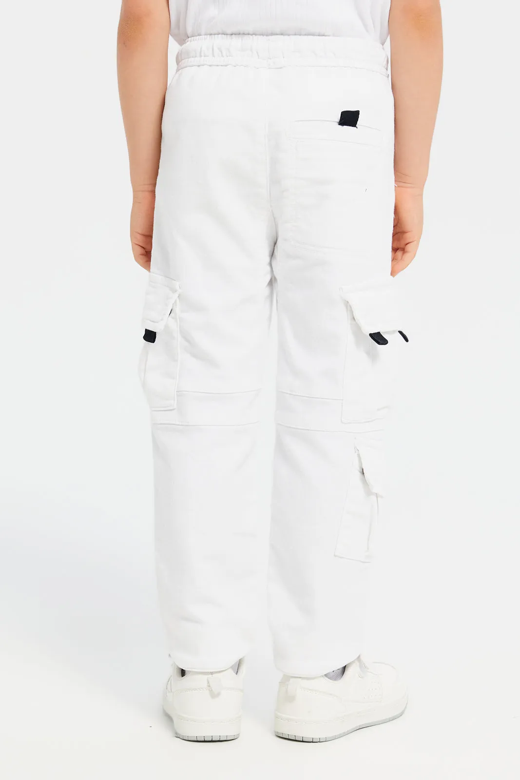 Boys White Cargo Pocket Knitted Denim Joggers