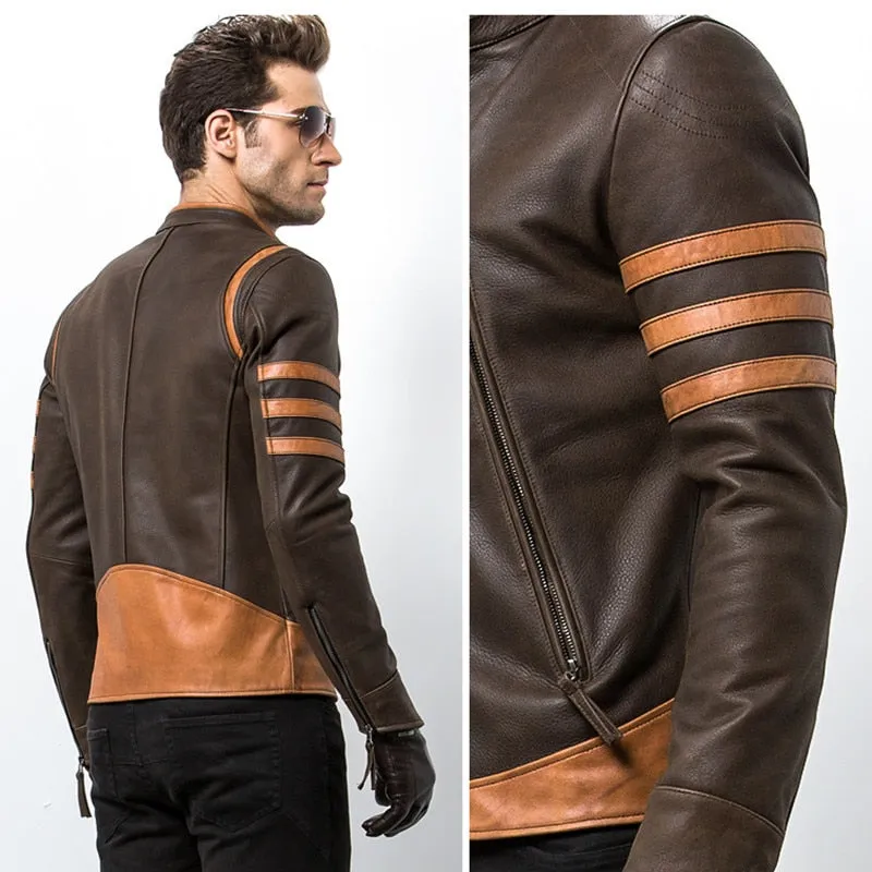 Brown with Zipper Wolverine Casual Style Men PU Leather Jacket