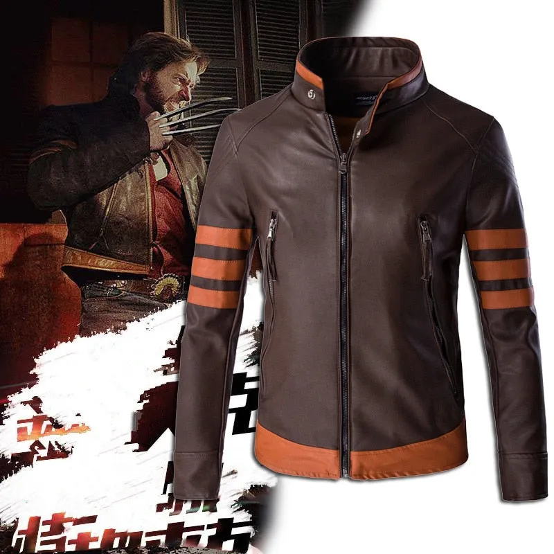 Brown with Zipper Wolverine Casual Style Men PU Leather Jacket