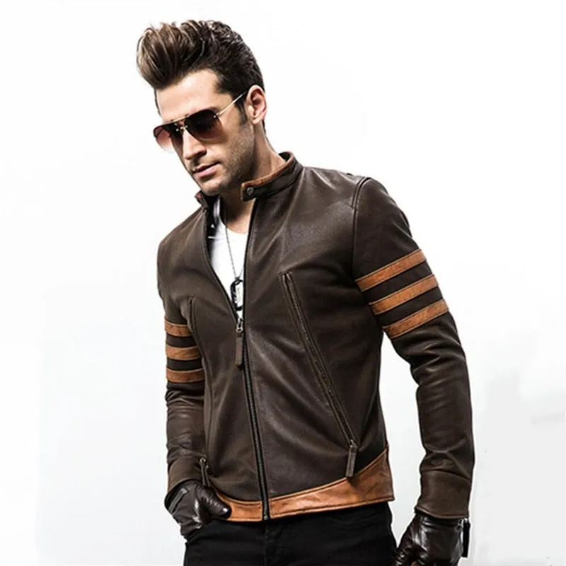 Brown with Zipper Wolverine Casual Style Men PU Leather Jacket