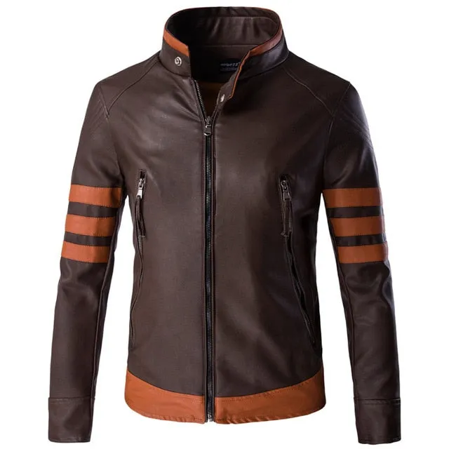 Brown with Zipper Wolverine Casual Style Men PU Leather Jacket