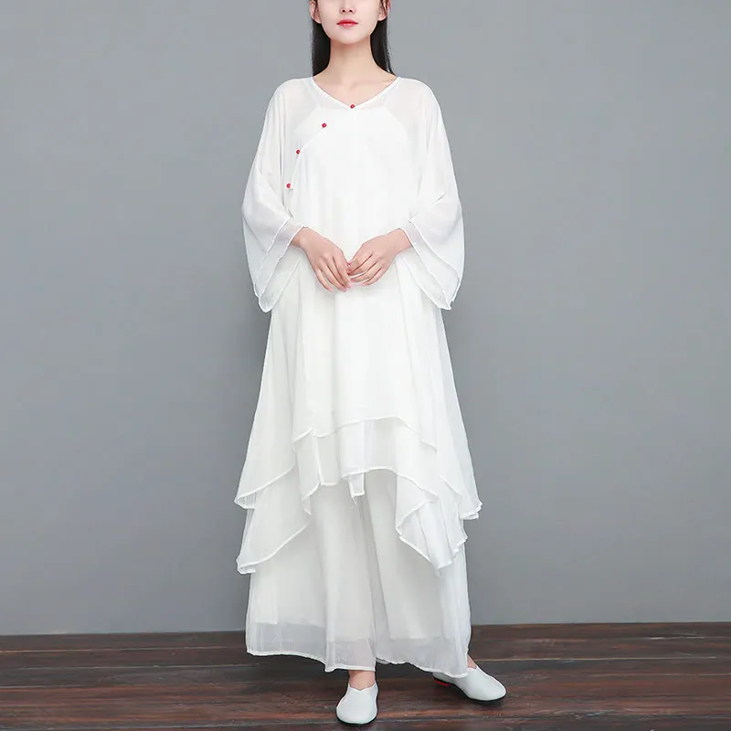 Buddha Stones 3Pcs V-Neck Three Quarter Sleeve Irregular Tank Shirt Wide Leg Pants Chiffon Women's Set