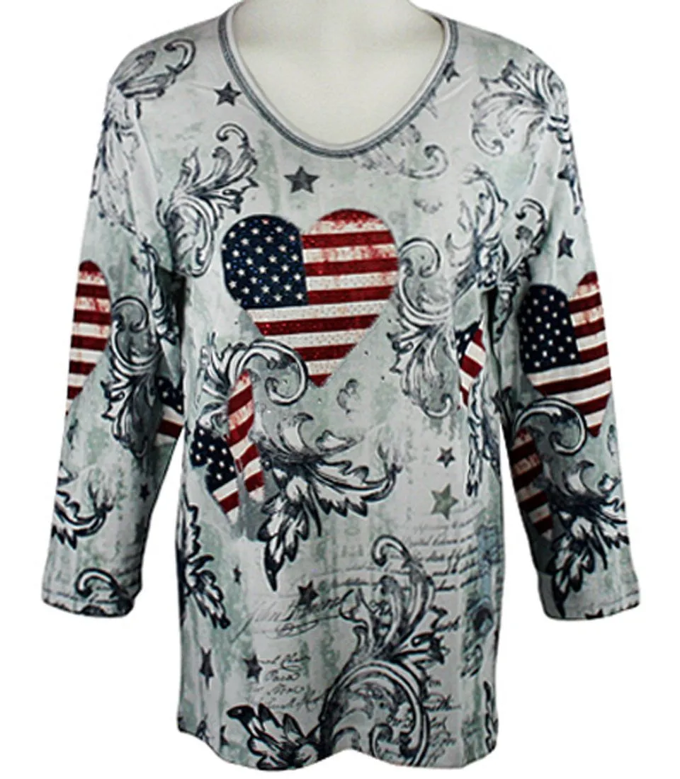 Cactus Bay Apparel - Patchwork USA, Rhinestones, V-Neck, White Cotton Top