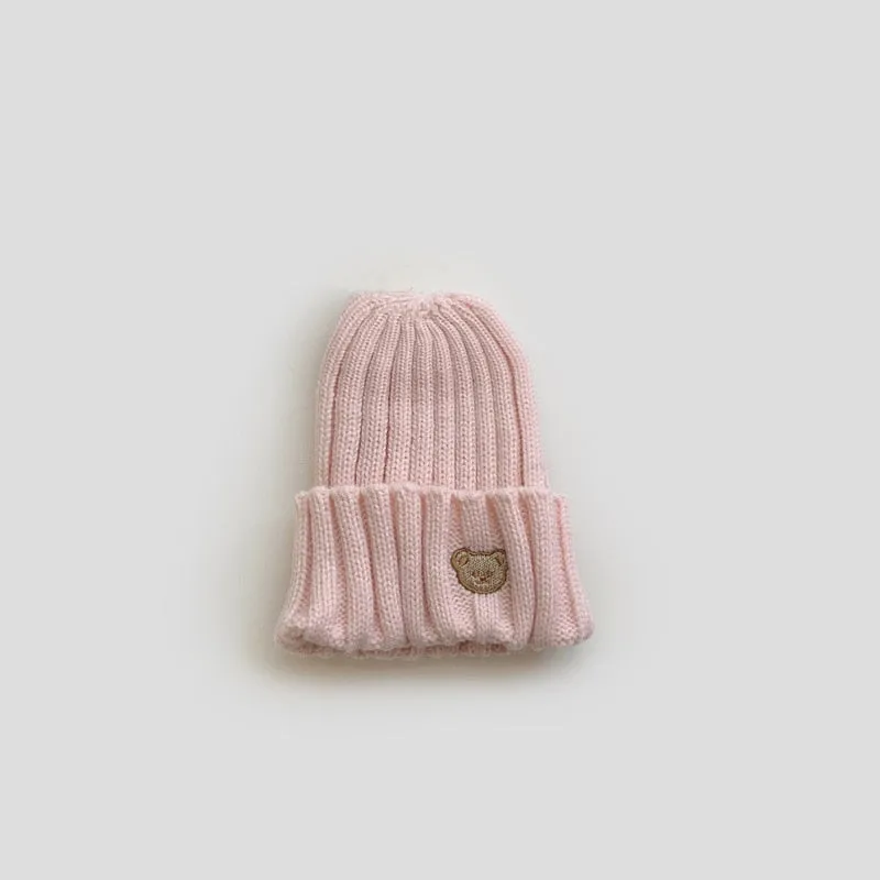 Candy Color Boys Knit Hats Girls Bear Head Embroidery Kids Caps