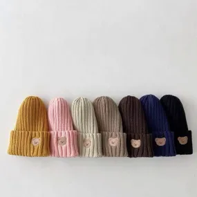 Candy Color Boys Knit Hats Girls Bear Head Embroidery Kids Caps