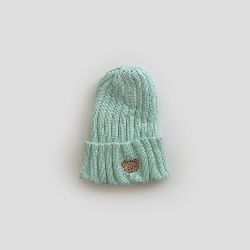 Candy Color Boys Knit Hats Girls Bear Head Embroidery Kids Caps