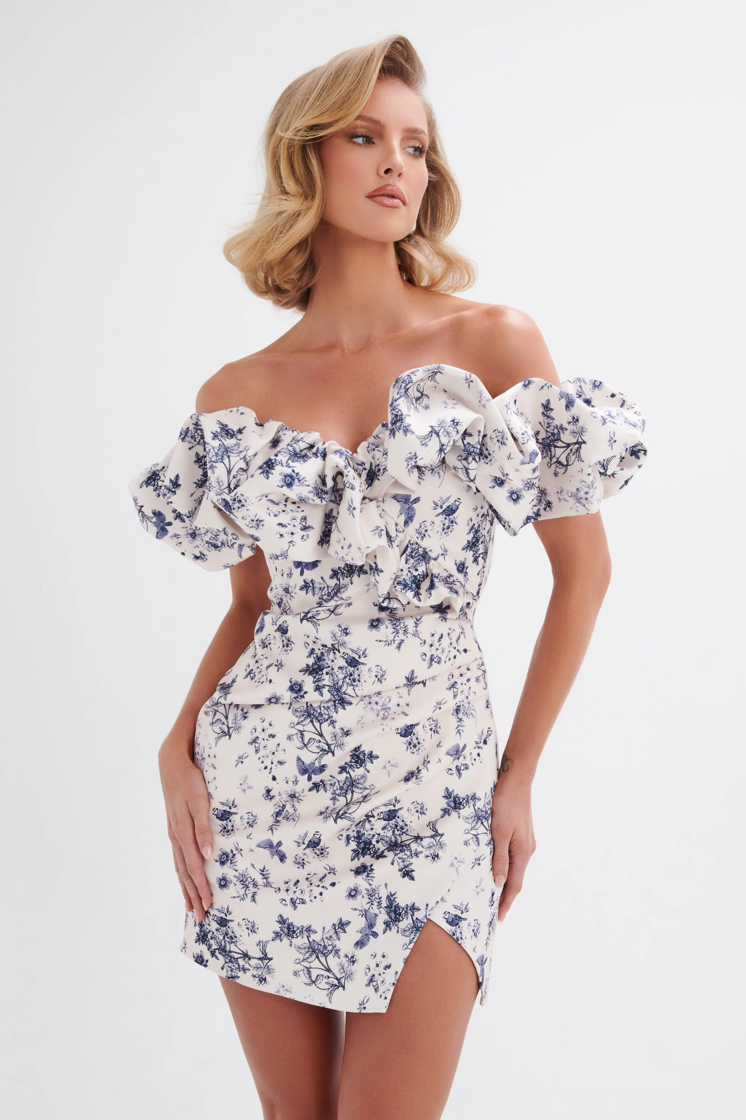 CARRIE Bonded Satin Bardot Mini Dress in Navy Porcelain Print