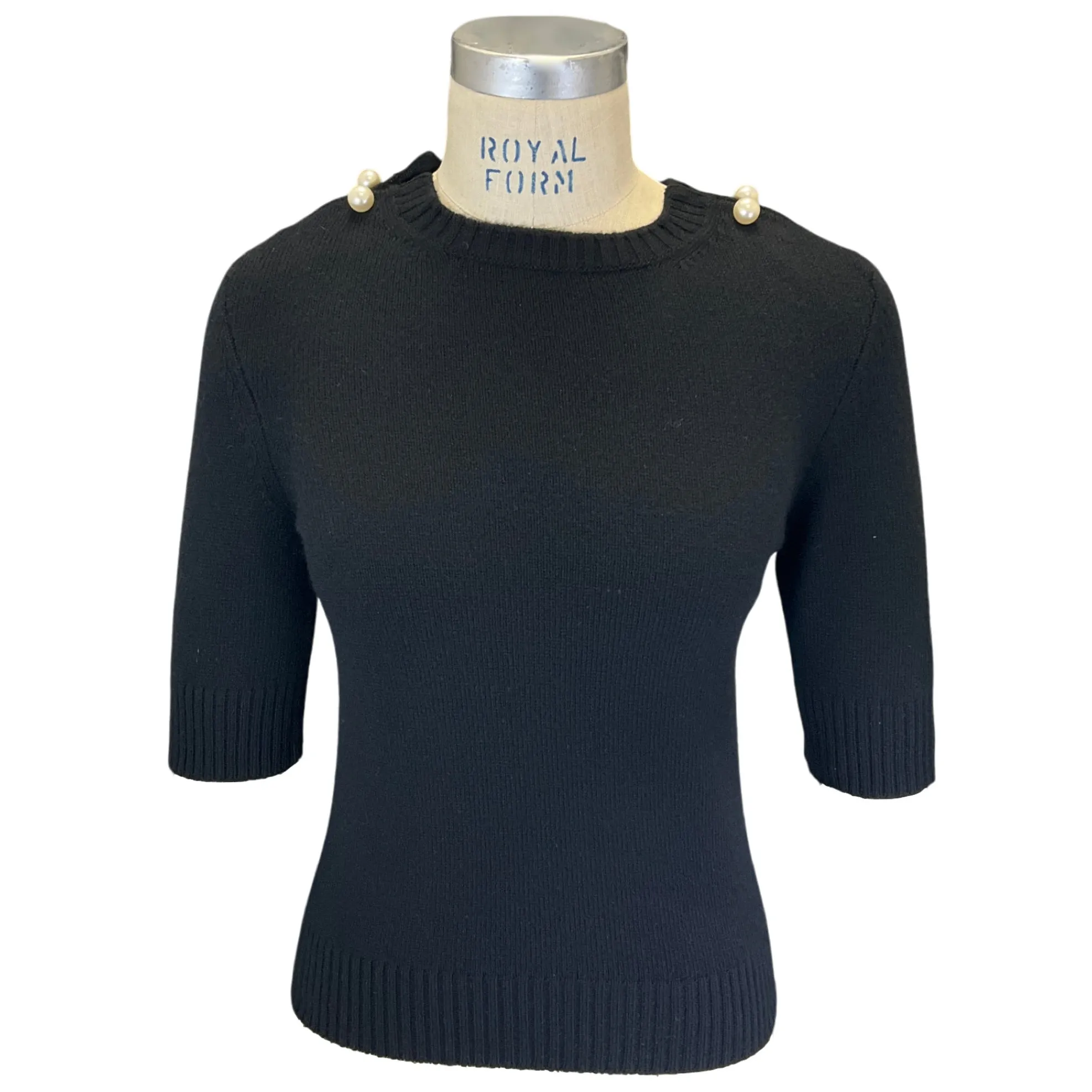 Chanel Black Pearl Embellished Short Sleeved Cashmere Knit Sweater