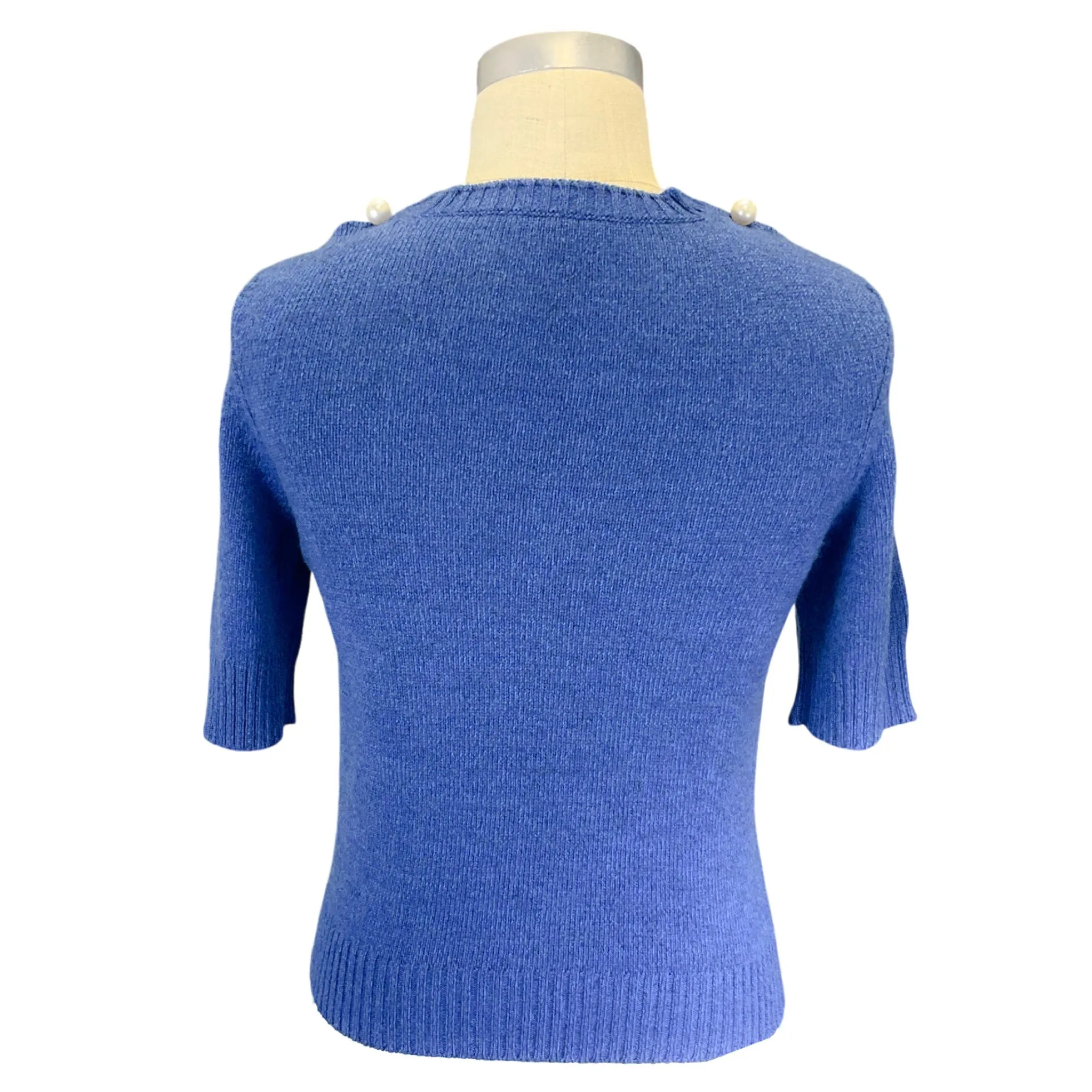 Chanel Blue Pearl Embellished Short Sleeved Cashmere Knit Sweater