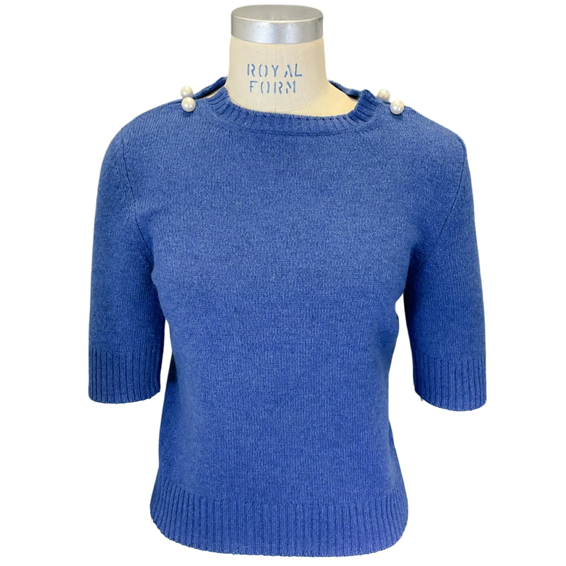 Chanel Blue Pearl Embellished Short Sleeved Cashmere Knit Sweater