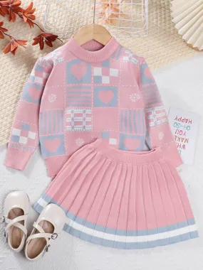 Charming Hearts and Plaid Girls' Sweater and Skirt Outfit