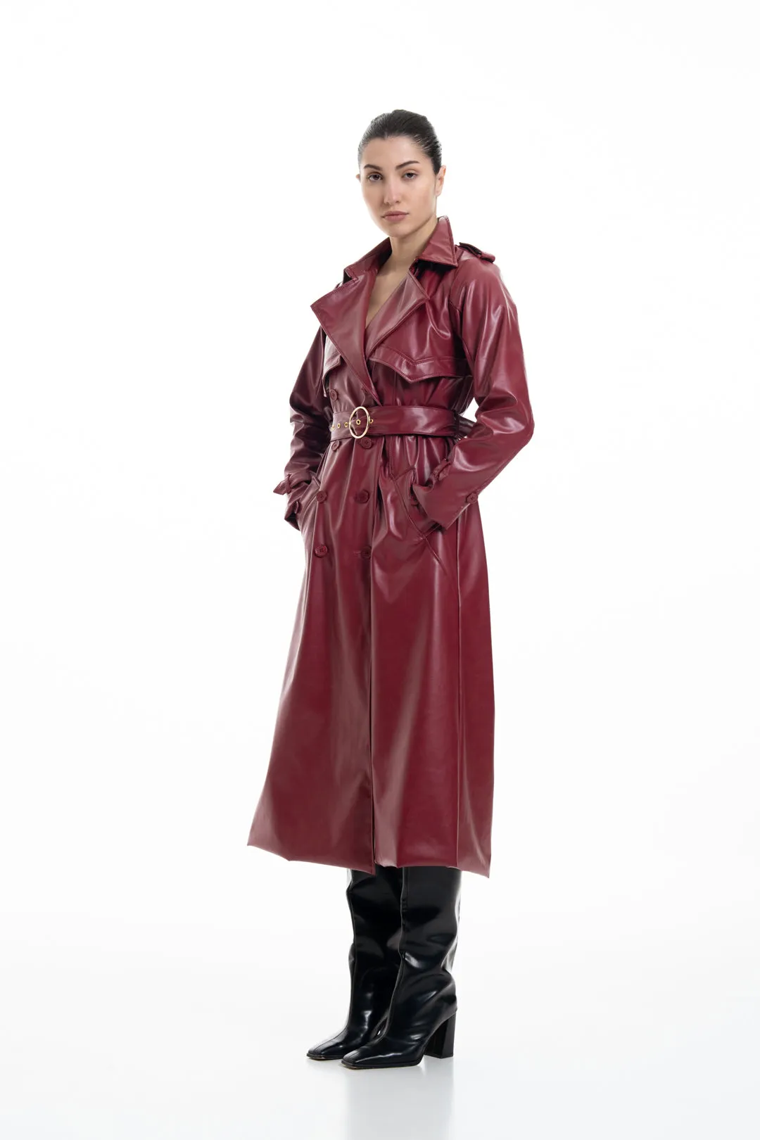 CHERRY RED FAUX LEATHER TRENCH COAT