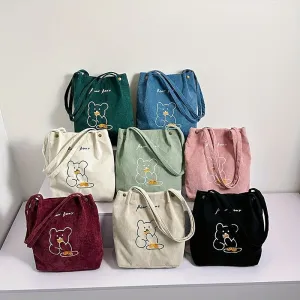 Chic Corduroy Shoulder Bag with Embroidered Bear Design - Magnetic Closure, Polyester Lined, Casual Preppy Style for Women