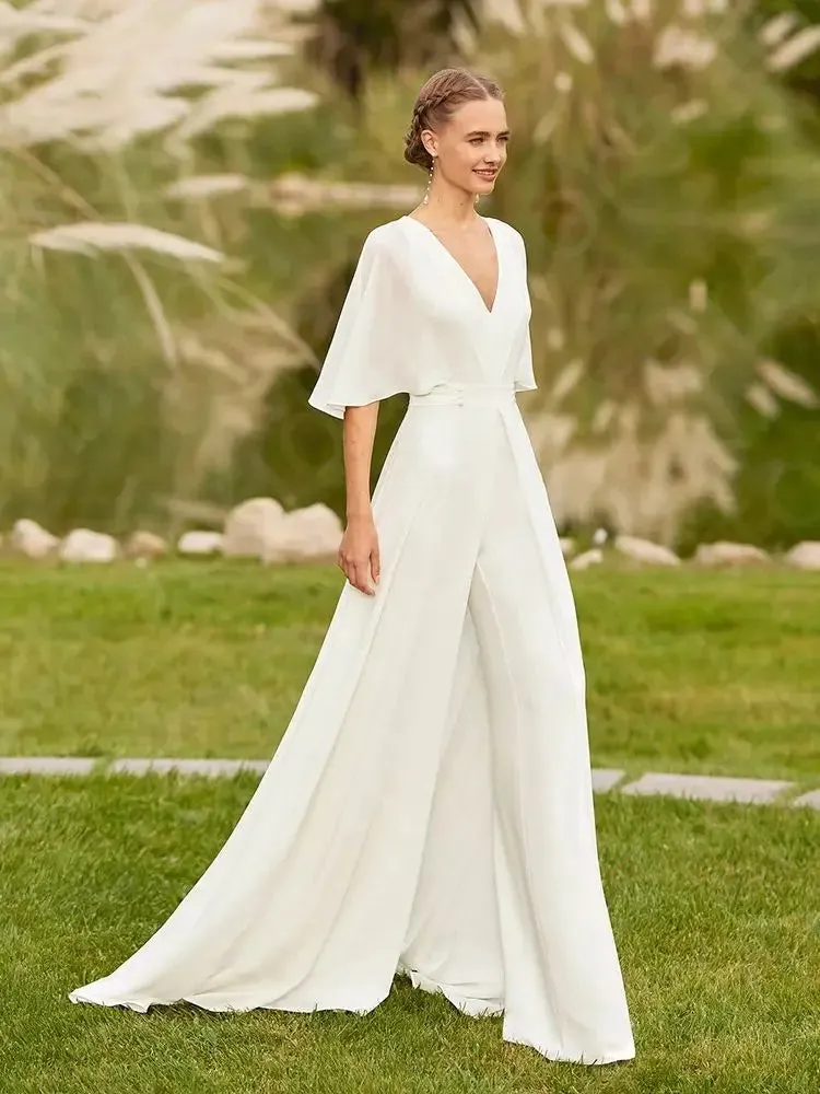 Chiffon Boho Beach Wedding Dress Pants Suit Bridal Summer Gown