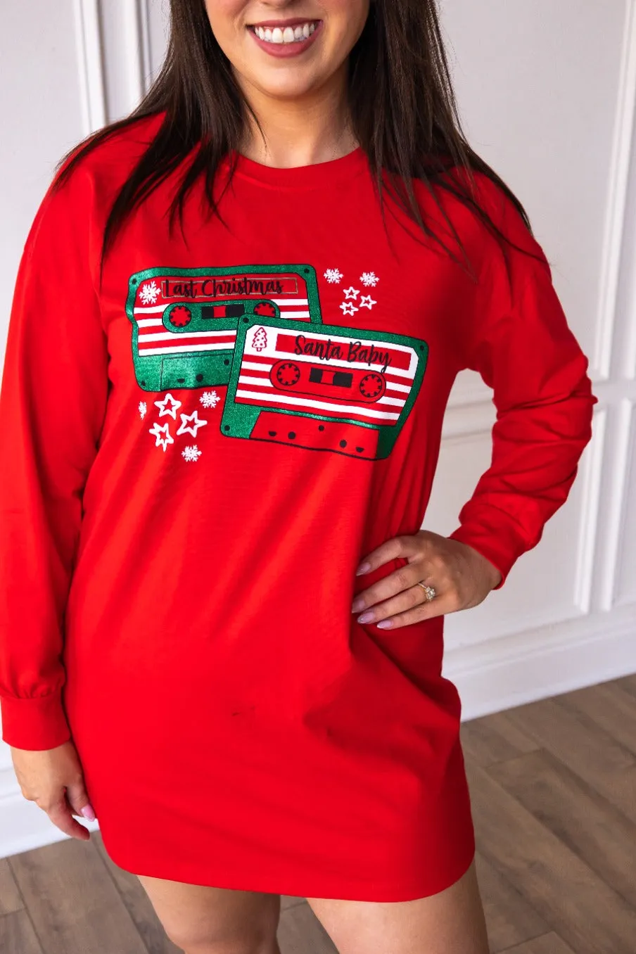 Christmas Cassettes on Red Long sleeve Sweater Dress