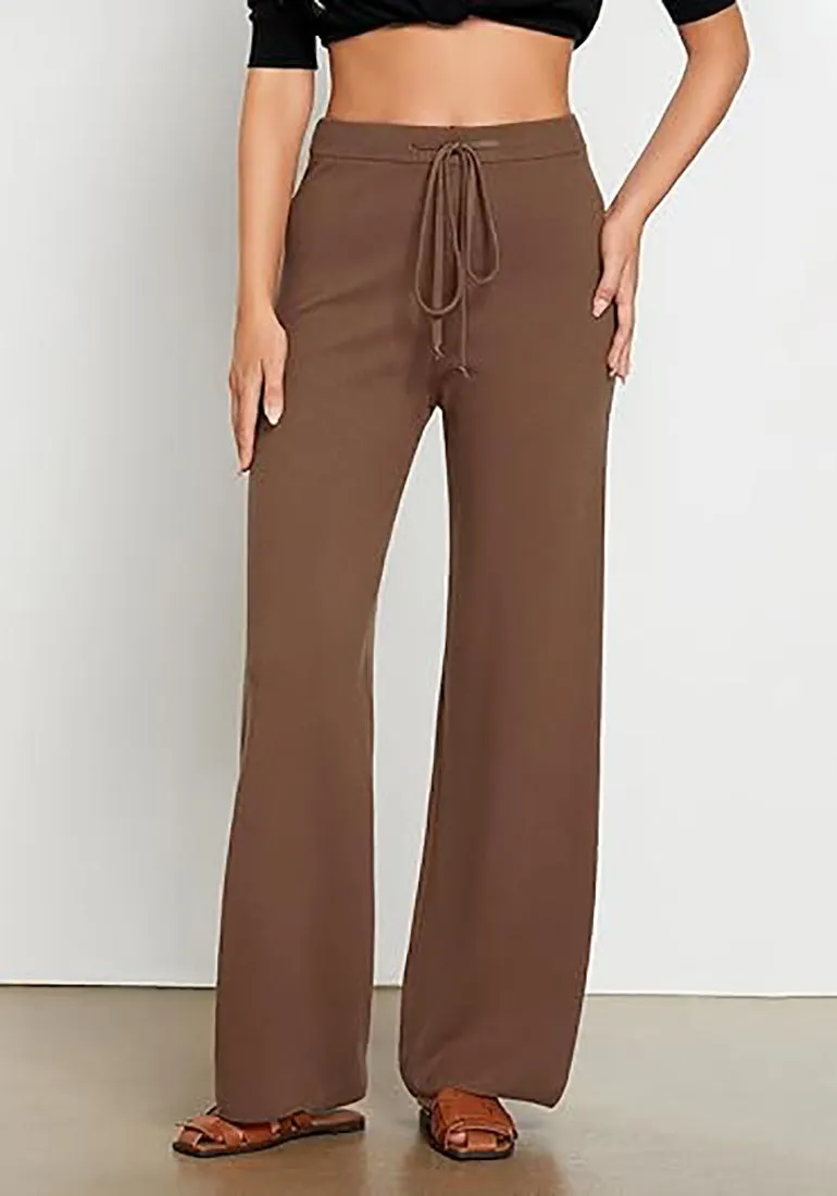 Coffee Women's Full-Length Wide Leg Stretch Casual Pants Elastic Waist Relaxed Fit