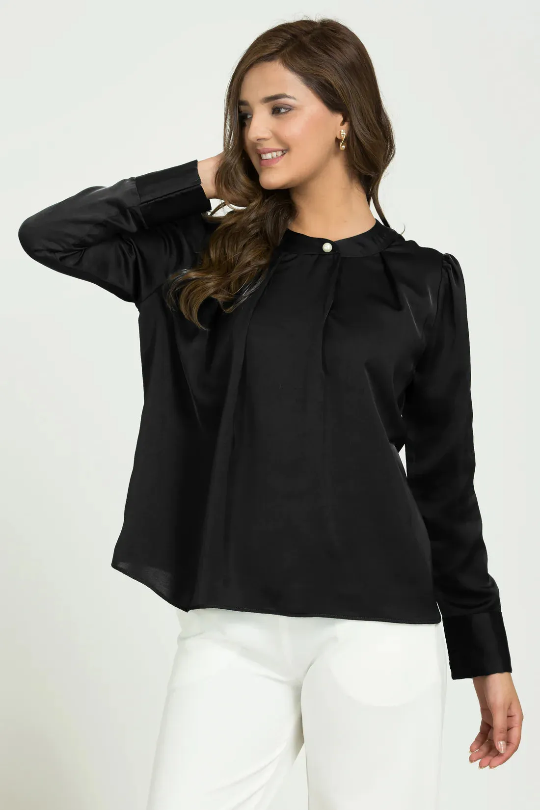 Comfortable Ladies office High neck pleated top