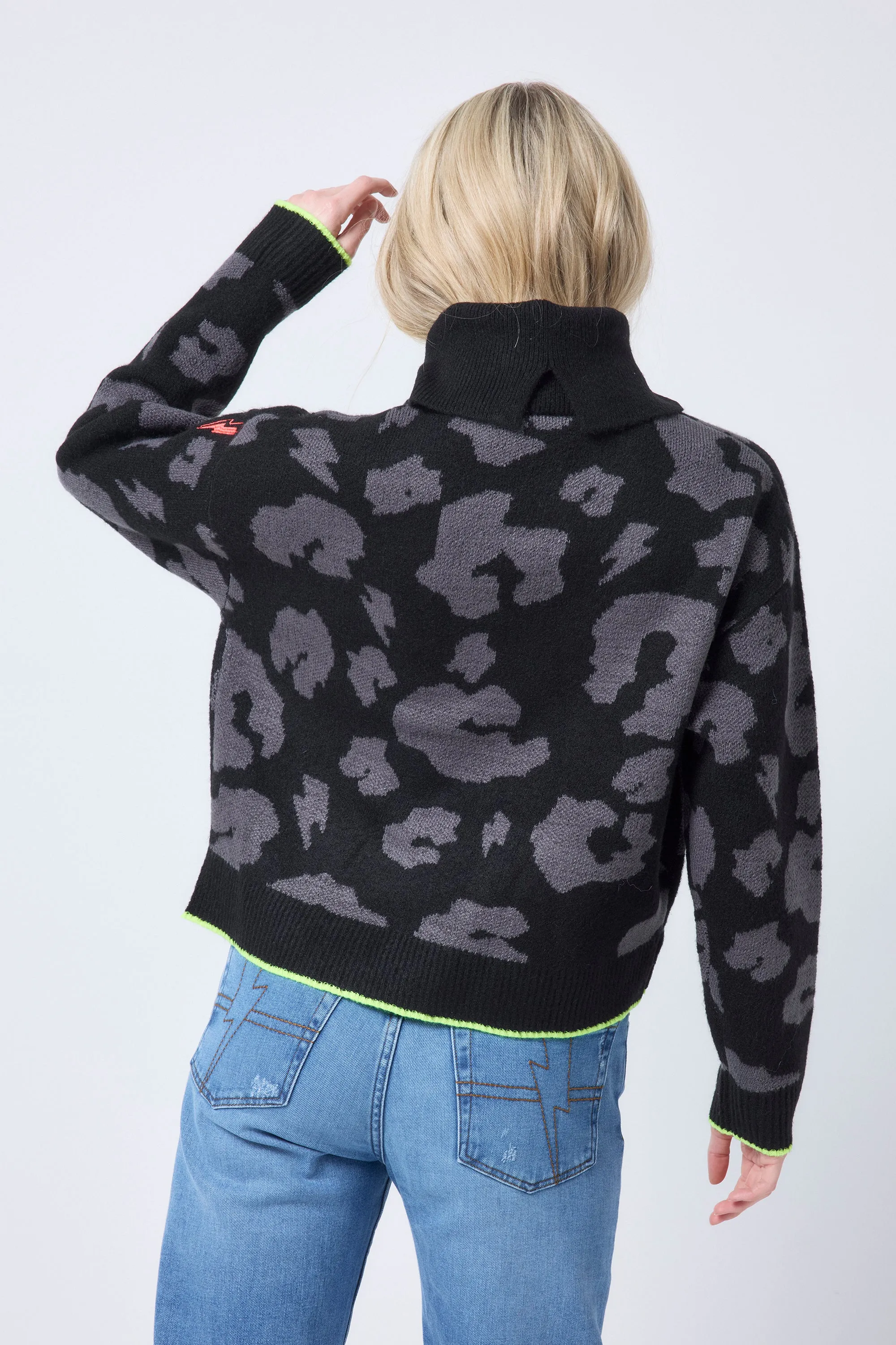 COMING SOON: Black with Grey Mega Leopard Turtleneck Knitted Jumper