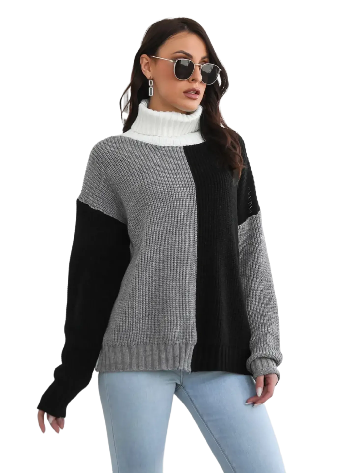 Contrast Turtleneck Long Sleeve Sweater