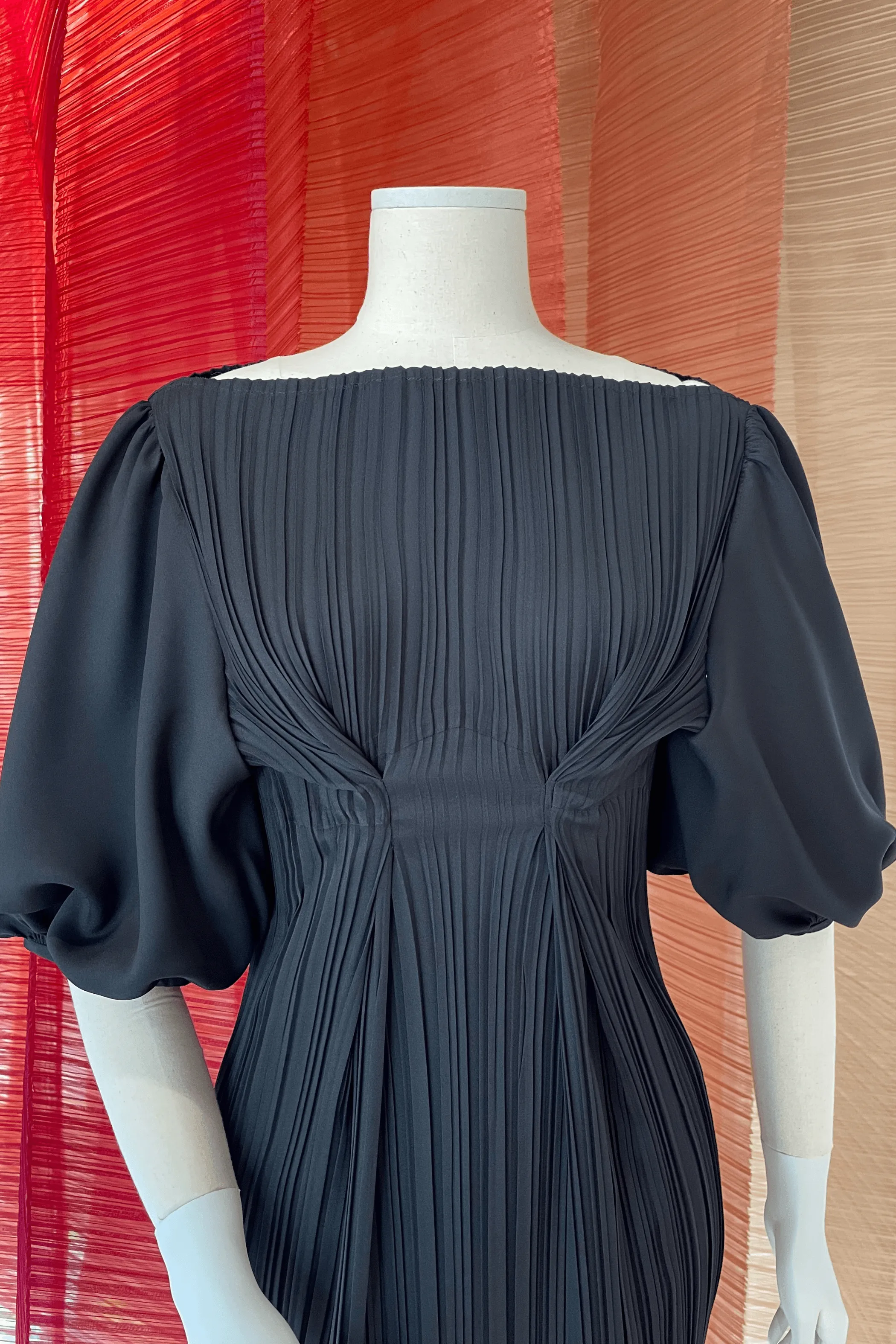 Denese Pleated Dress with Puff Sleeve