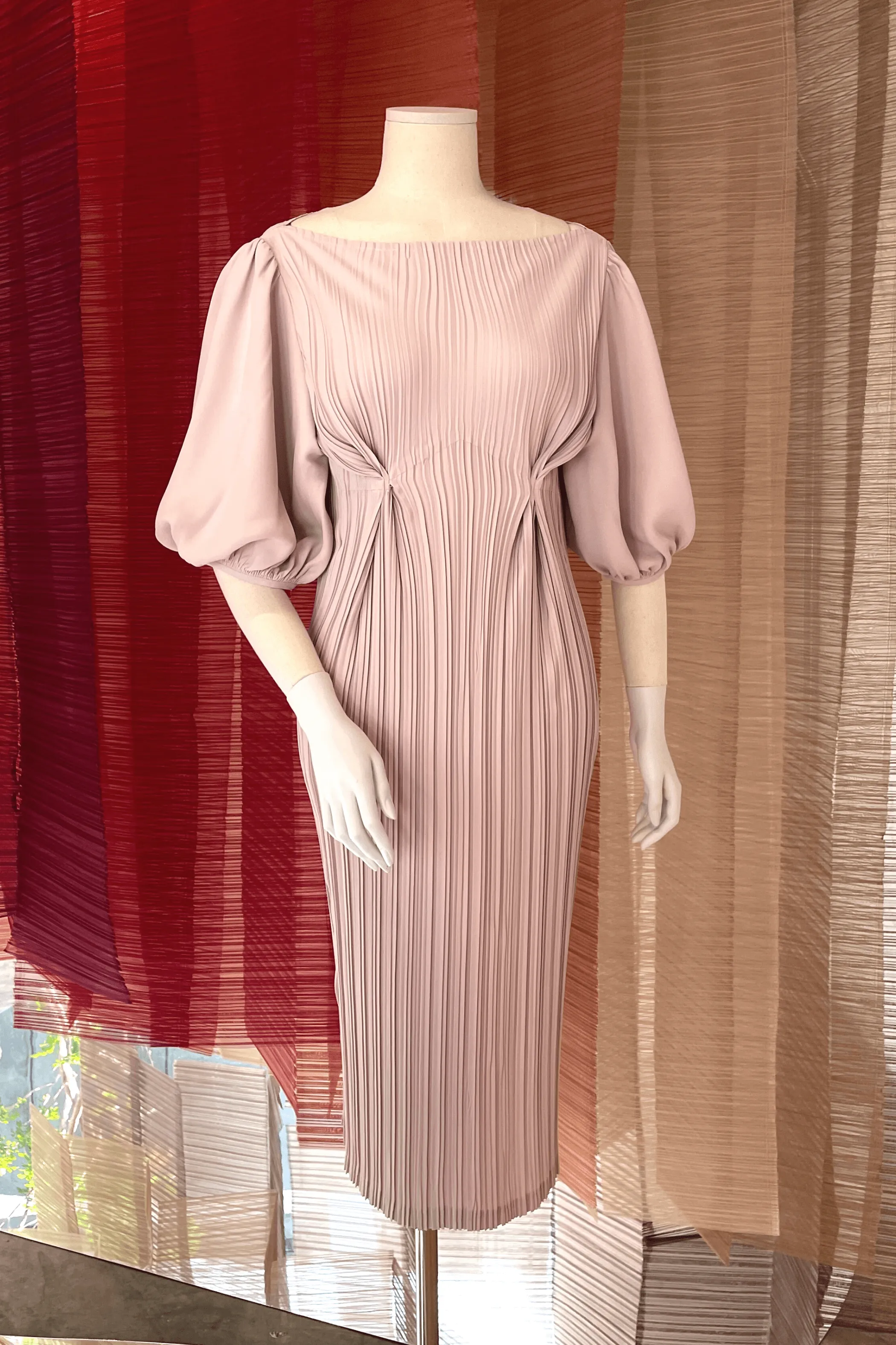 Denese Pleated Dress with Puff Sleeve