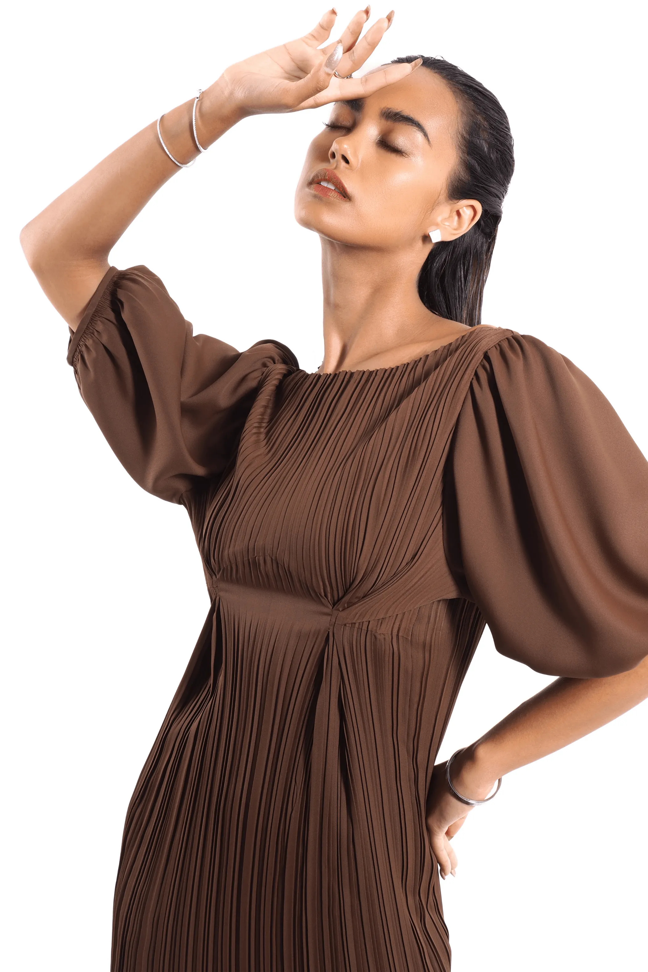 Denese Pleated Dress with Puff Sleeve