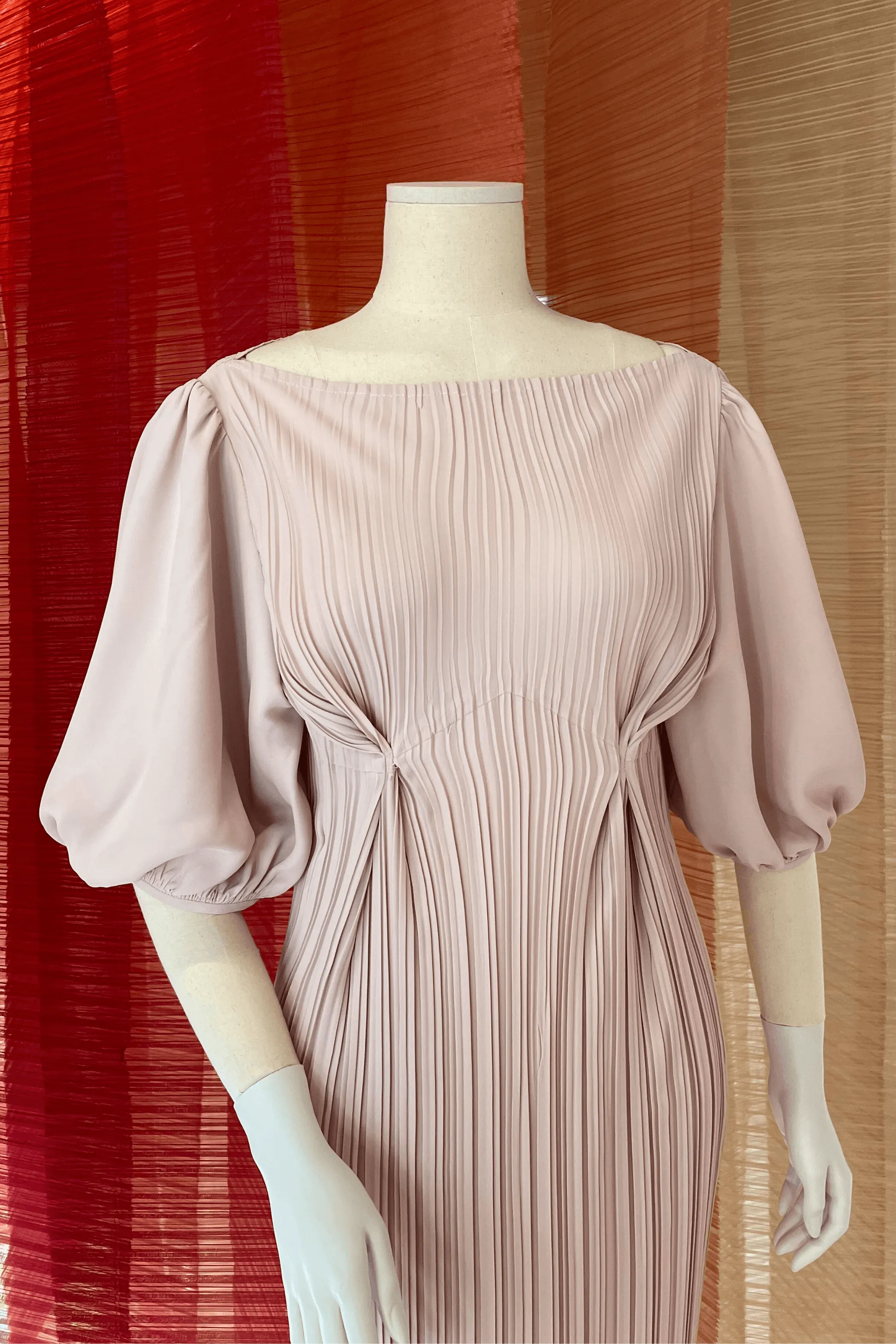 Denese Pleated Dress with Puff Sleeve