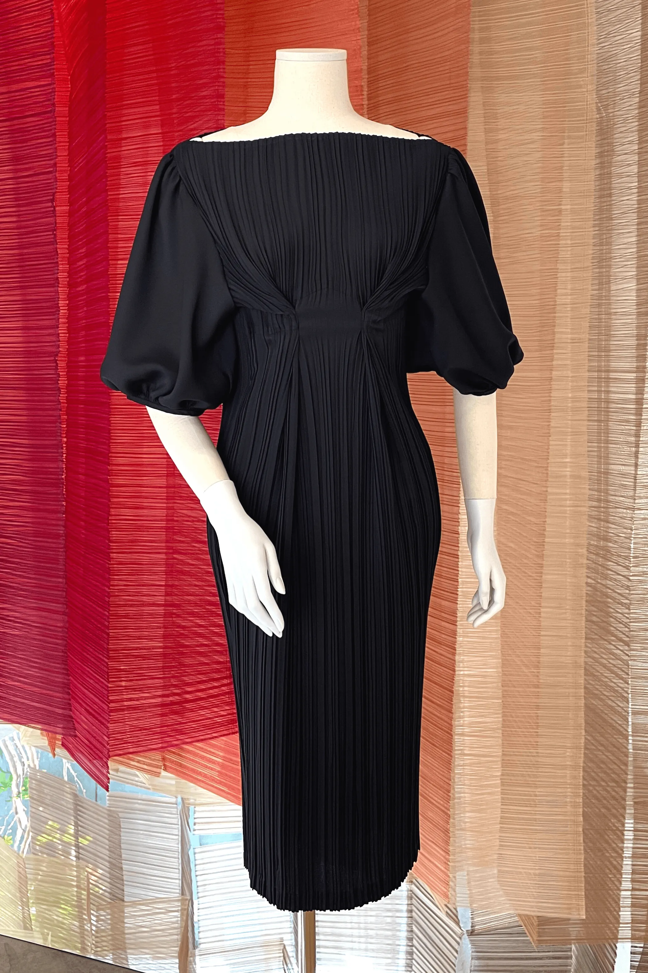 Denese Pleated Dress with Puff Sleeve