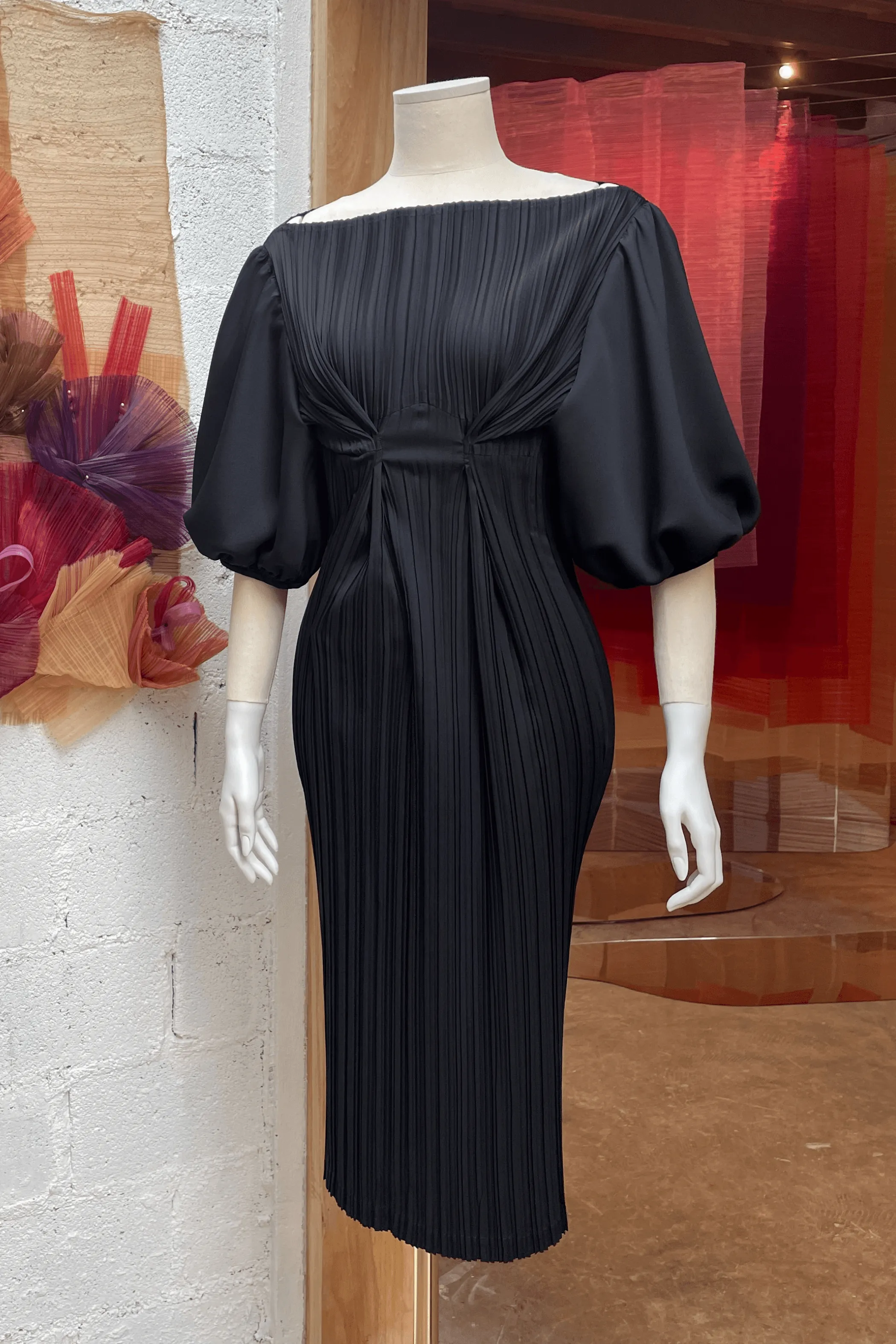 Denese Pleated Dress with Puff Sleeve