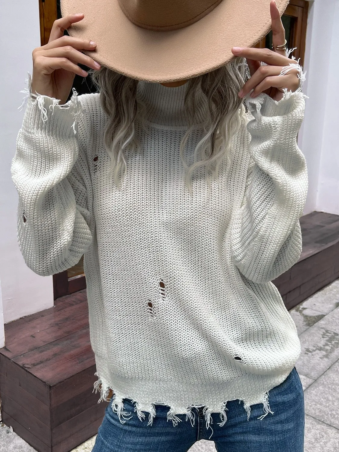 Distressed High Neck Cold-Shoulder Sweater