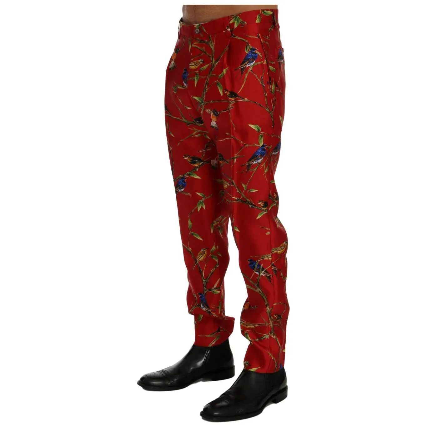 Dolce & Gabbana Elegant Silk Dress Trousers in Red Bird Print