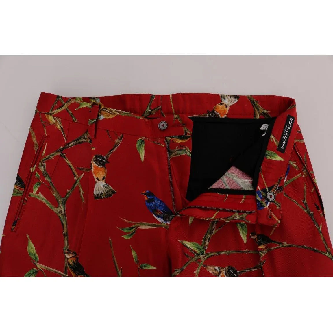 Dolce & Gabbana Elegant Silk Dress Trousers in Red Bird Print