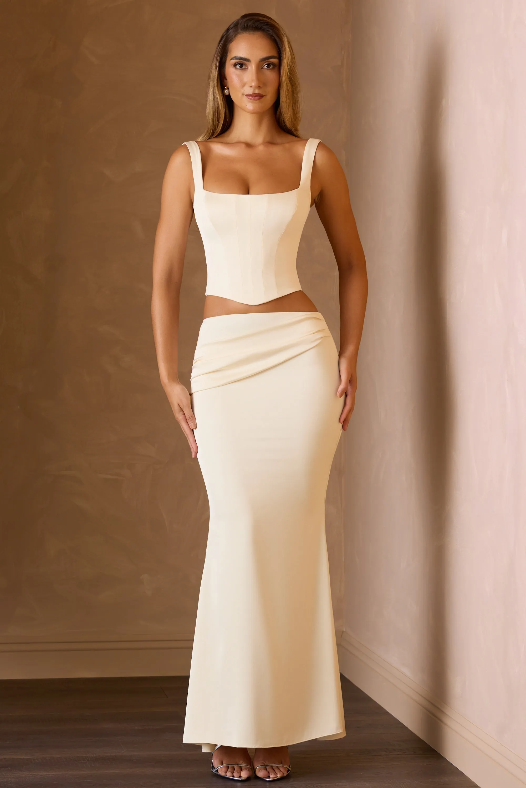 Draped Low-Rise Maxi Skirt in Ivory