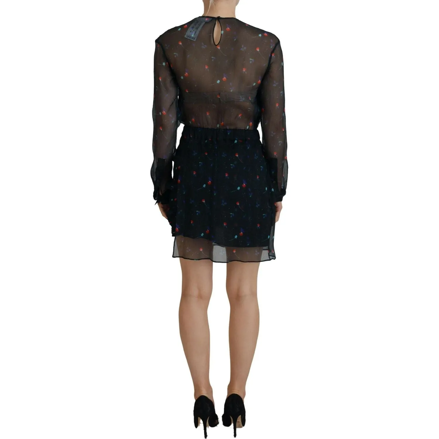 Dsquared² Black Floral Silk Long Sleeves Sheath Mini Dress