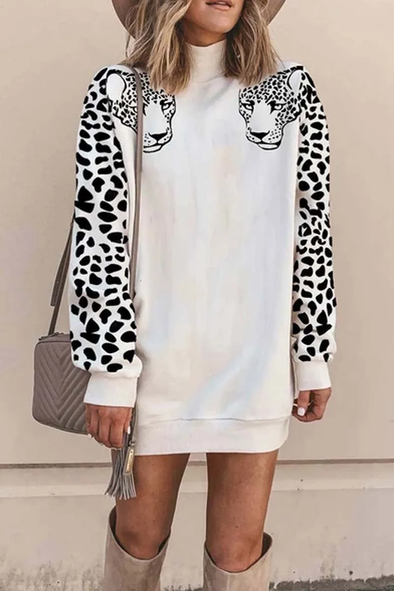 Dunnmall Turtleneck Leopard Print Mini Dress