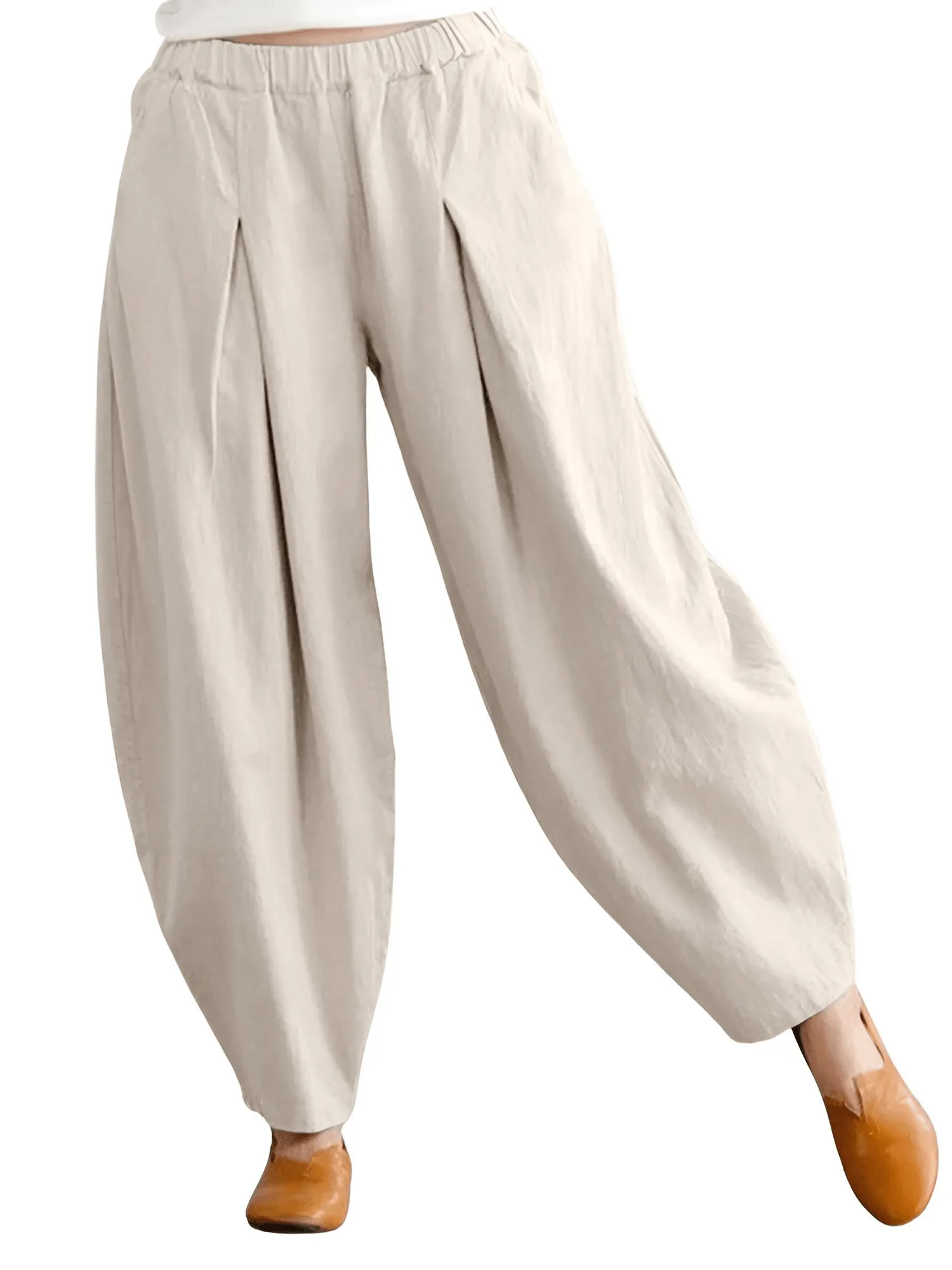 Elastic Waist Trousers Women's Casual Baggy Pants Elegant Loose Wide Leg Pants Vintage Cotton