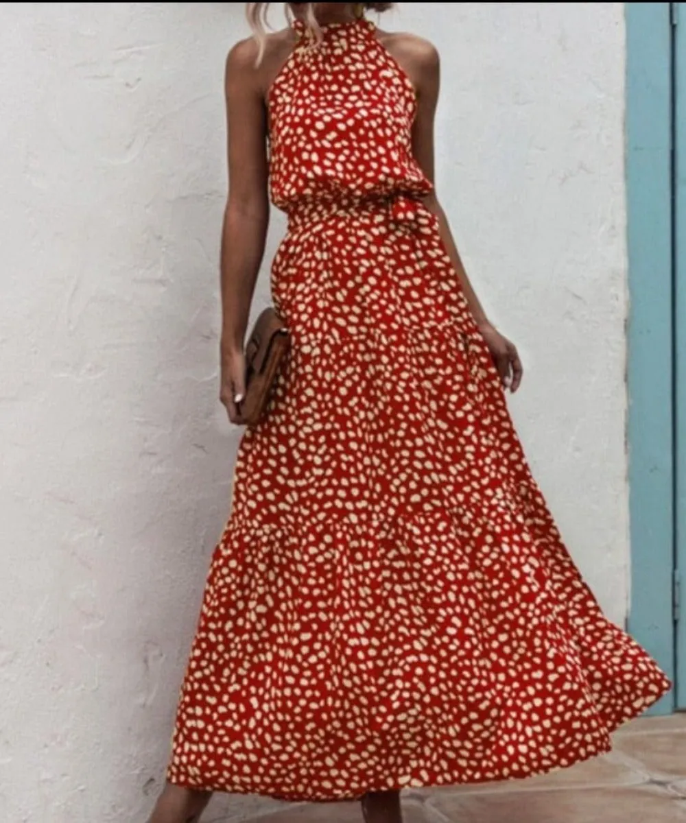 Elegant Long Dress Flowers Polka-Dot Strap