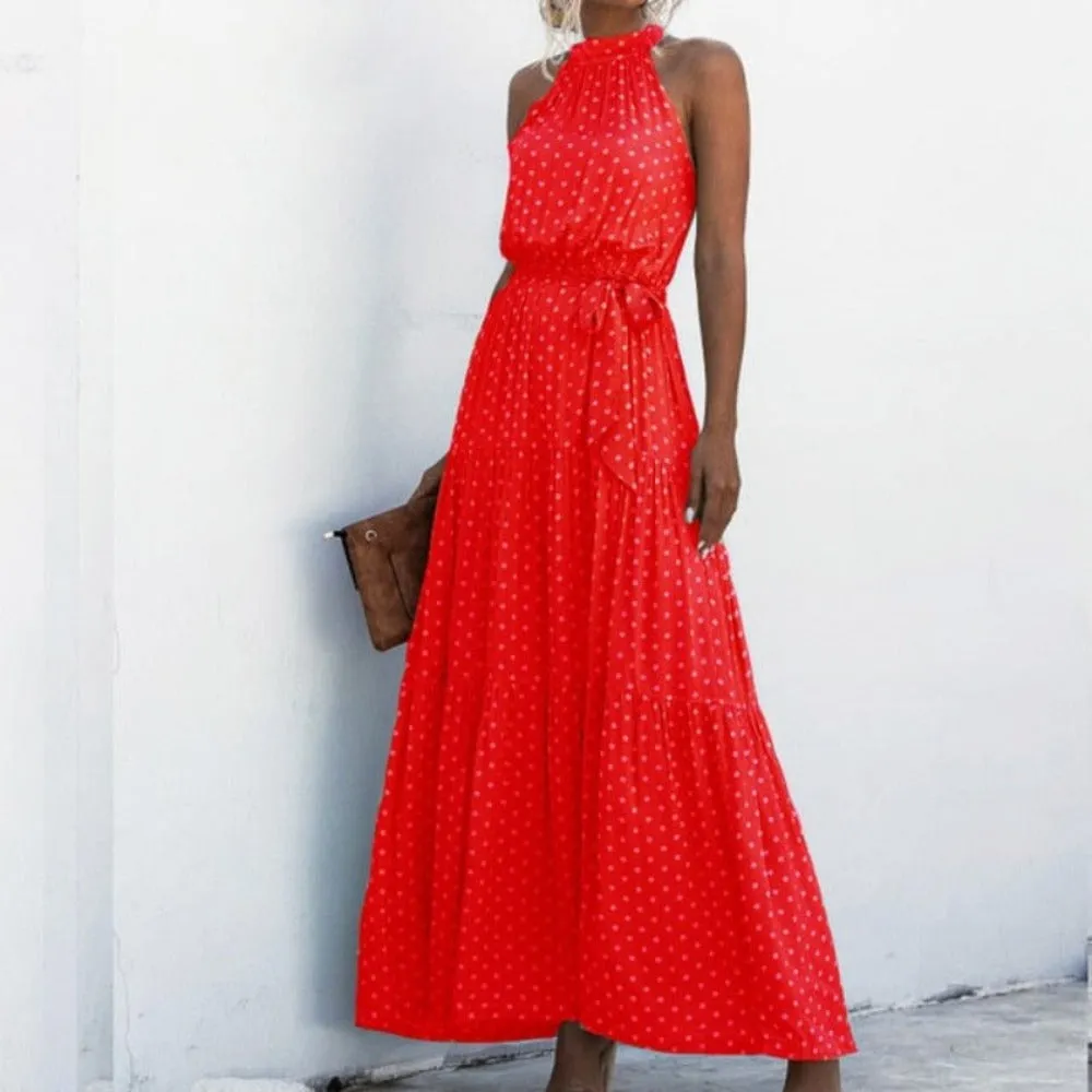 Elegant Long Dress Flowers Polka-Dot Strap