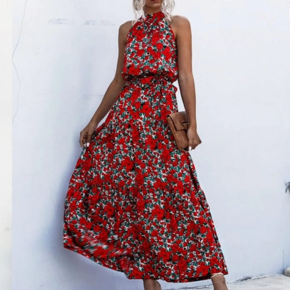 Elegant Long Dress Flowers Polka-Dot Strap