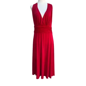 Elegant Red Women's Sleeveless Deep V-Neck Halter Ruched Waist Midi Dress