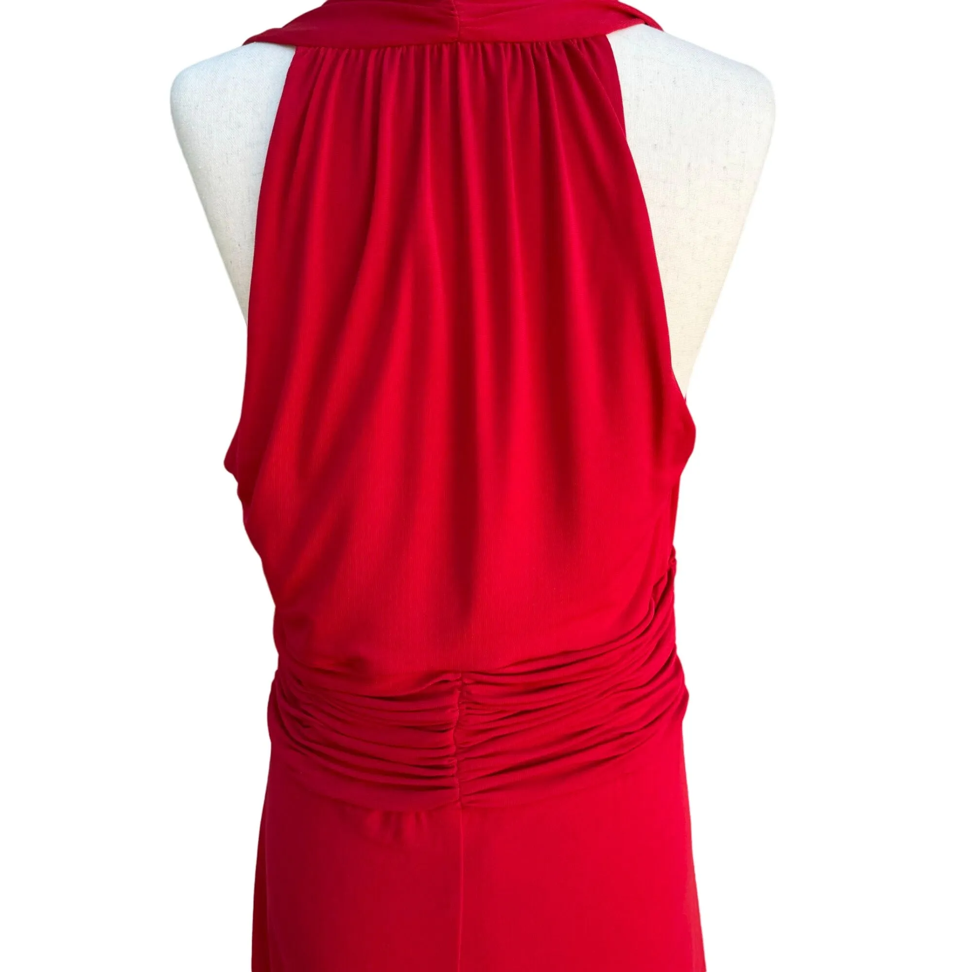 Elegant Red Women's Sleeveless Deep V-Neck Halter Ruched Waist Midi Dress