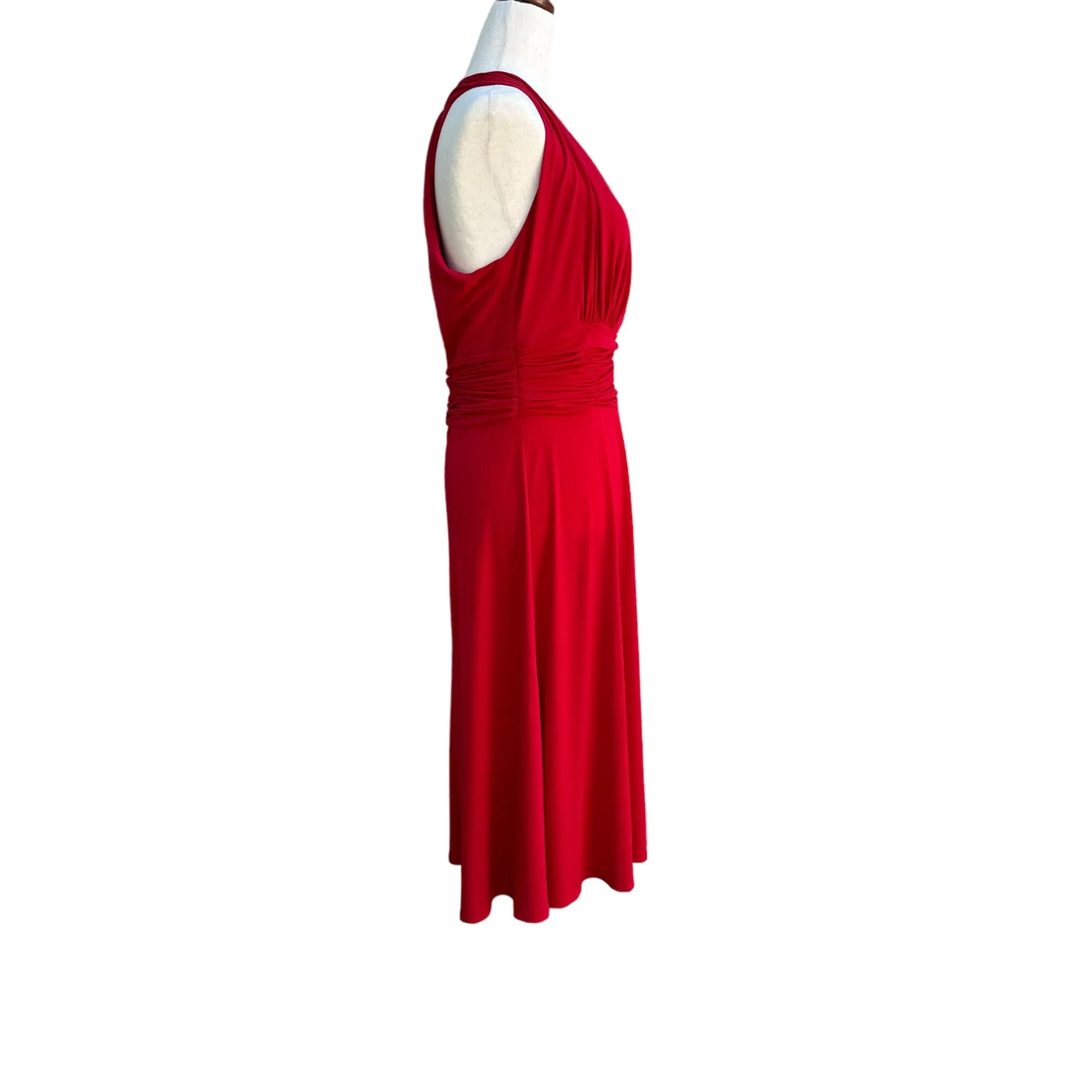 Elegant Red Women's Sleeveless Deep V-Neck Halter Ruched Waist Midi Dress