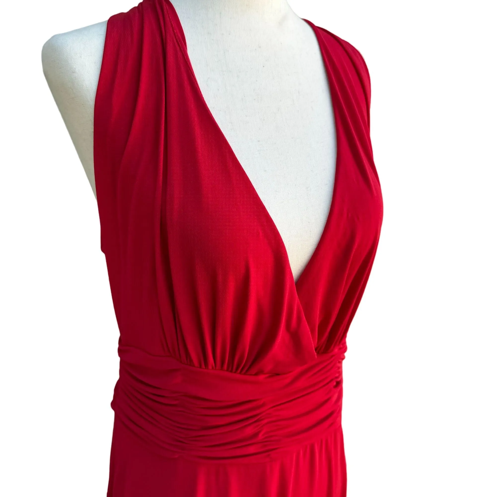 Elegant Red Women's Sleeveless Deep V-Neck Halter Ruched Waist Midi Dress