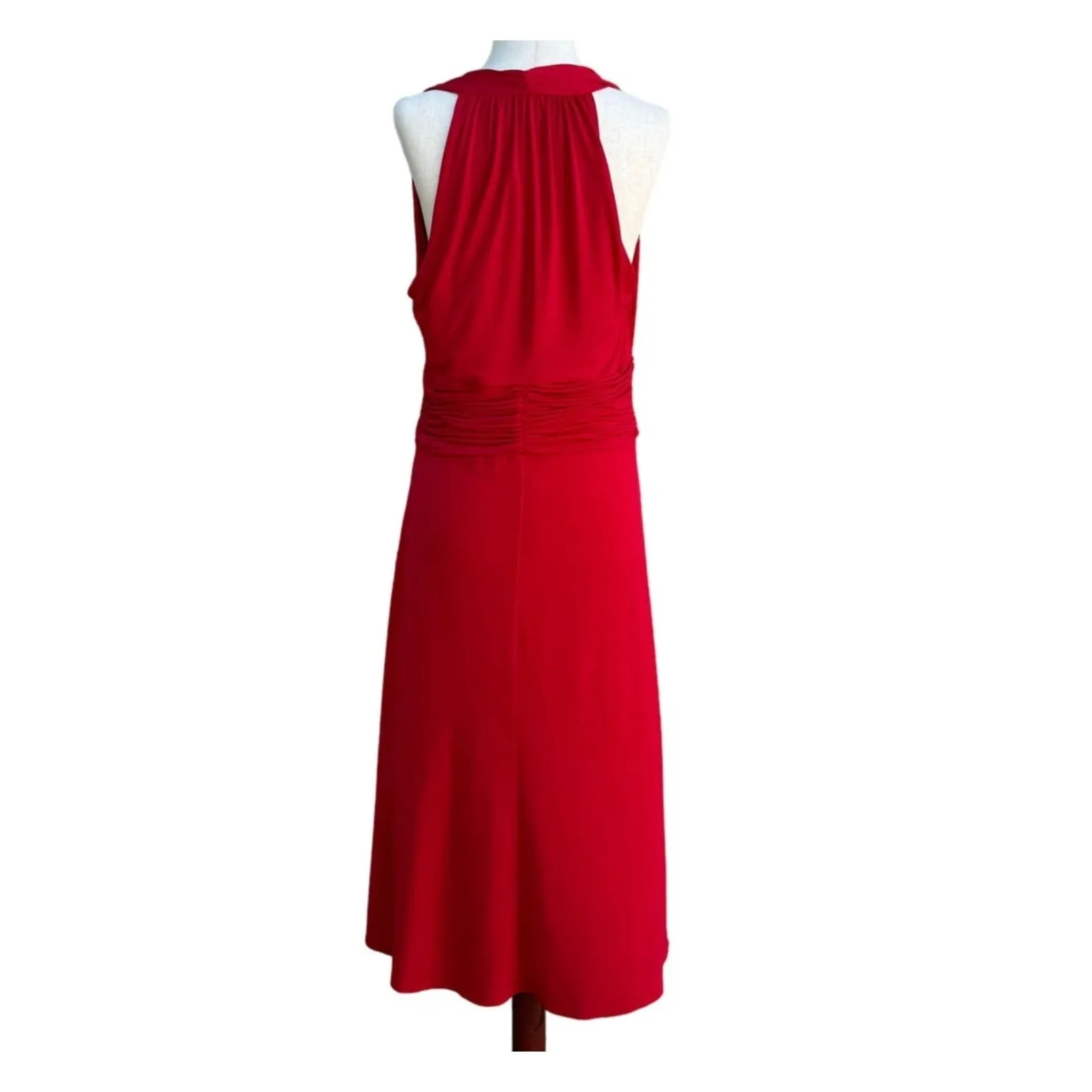 Elegant Red Women's Sleeveless Deep V-Neck Halter Ruched Waist Midi Dress