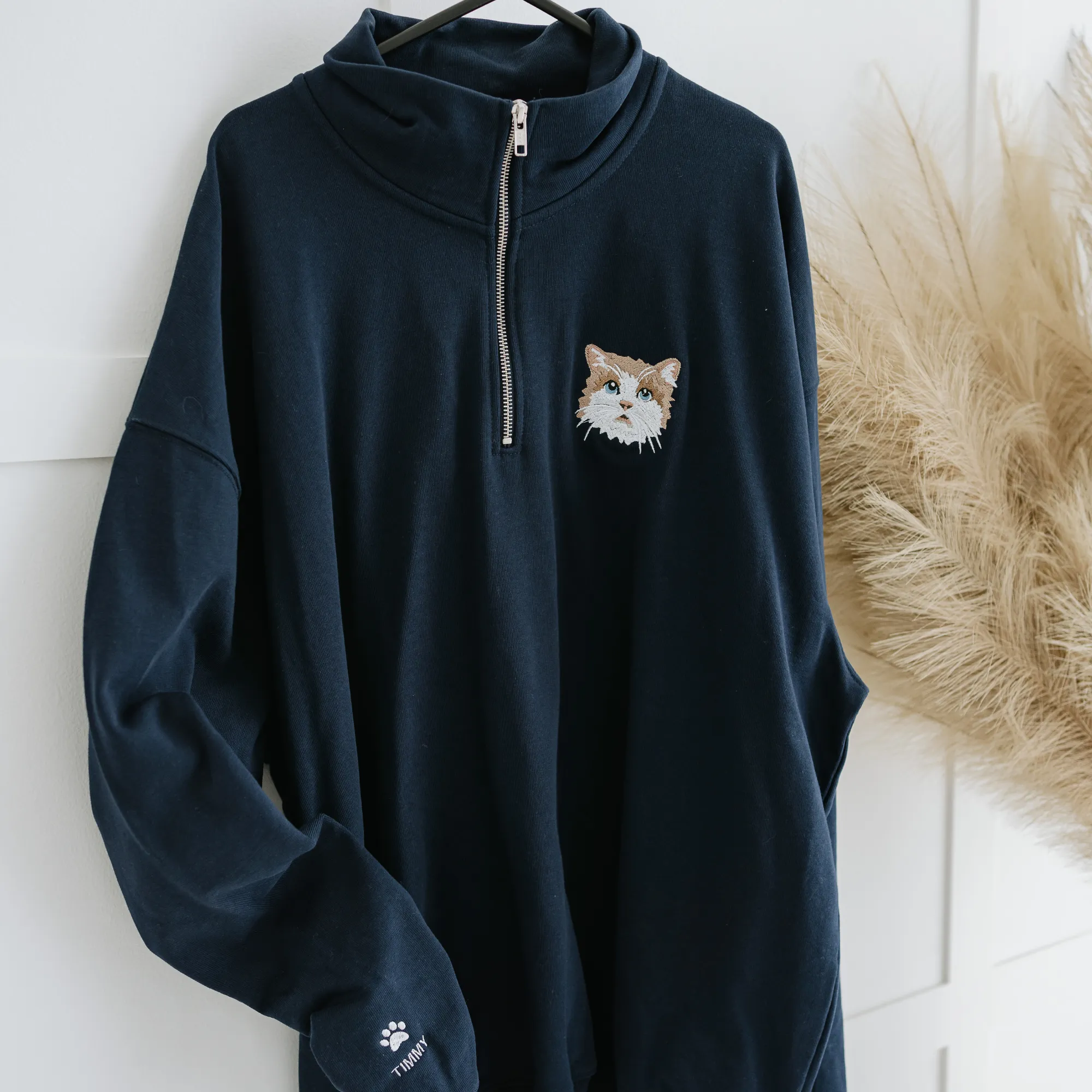 Embroidered Pet Portrait Organic Quarter Zip Sweatshirt