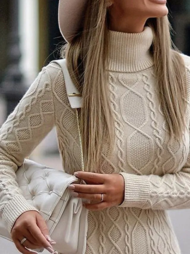 Fashionable High Neck Long Sleeve Jumper Sweater Knit Midi Dress