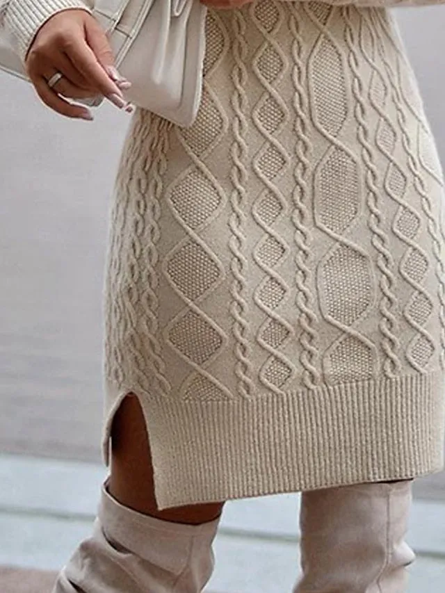 Fashionable High Neck Long Sleeve Jumper Sweater Knit Midi Dress