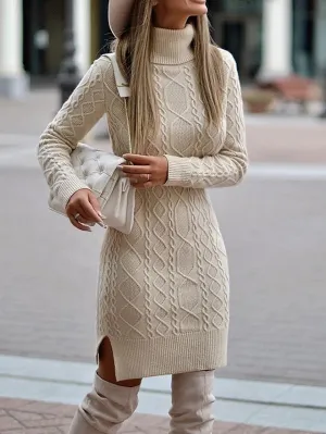 Fashionable High Neck Long Sleeve Jumper Sweater Knit Midi Dress