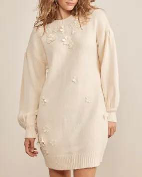 Floral Applique Relaxed Fit Sweater Mini Dress in Cream